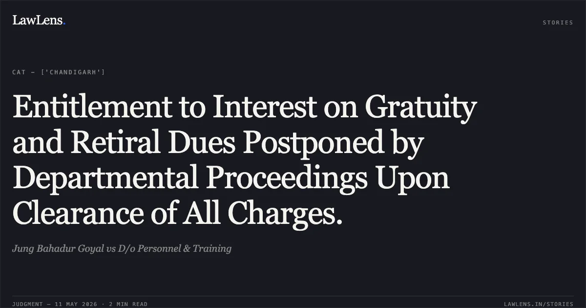 Entitlement to Interest on Gratuity and Retiral Dues Postponed by Departmental Proceedings Upon Clearance of All Charges.. Jung Bahadur Goyal vs D/o Personnel & Training. Central Administrative Tribunal. LawLens
