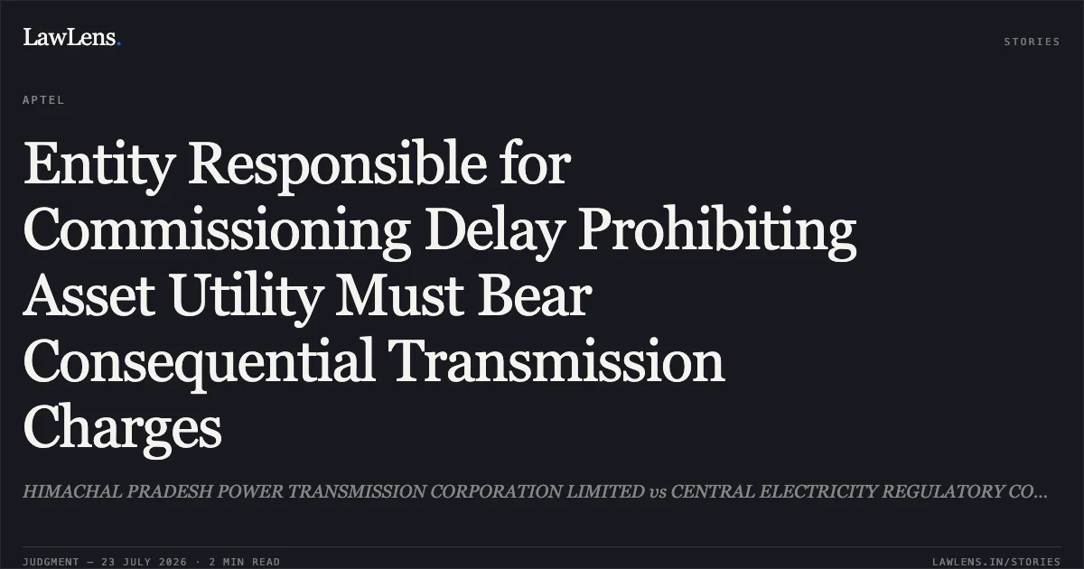 Entity Responsible for Commissioning Delay Prohibiting Asset Utility Must Bear Consequential Transmission Charges. HIMACHAL PRADESH POWER TRANSMISSION CORPORATION LIMITED vs CENTRAL ELECTRICITY REGULATORY COMMISSION & Ors. APTEL. LawLens