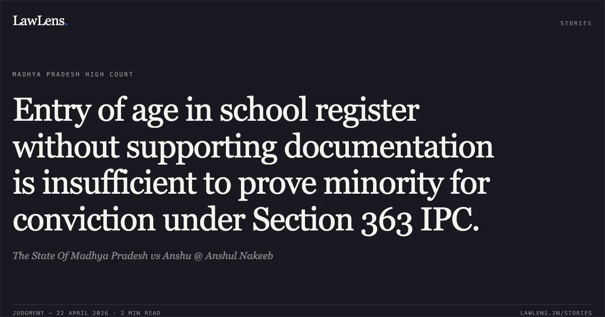 Entry of age in school register without supporting documentation is insufficient to prove minority for conviction under Section 363 IPC.. The State Of Madhya Pradesh vs Anshu @ Anshul Nakeeb. Madhya Pradesh High Court. LawLens