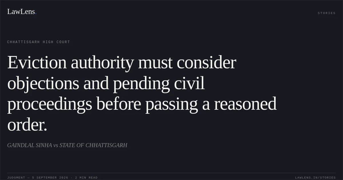 Eviction authority must consider objections and pending civil proceedings before passing a reasoned order.. GAINDLAL SINHA vs STATE OF CHHATTISGARH. Chhattisgarh High Court. LawLens