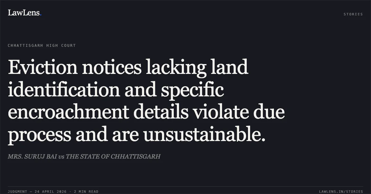 Eviction notices lacking land identification and specific encroachment details violate due process and are unsustainable.. MRS. SURUJ BAI vs THE STATE OF CHHATTISGARH. Chhattisgarh High Court. LawLens