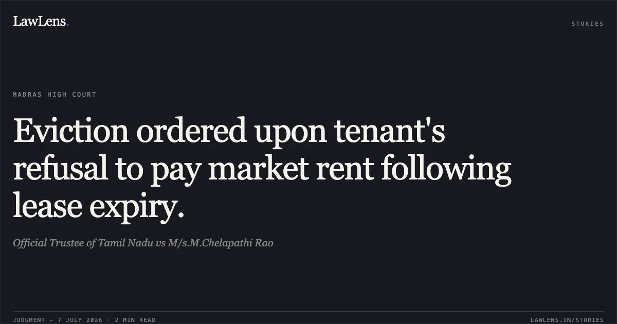 Eviction ordered upon tenant's refusal to pay market rent following lease expiry.. Official Trustee of Tamil Nadu vs M/s.M.Chelapathi Rao. Madras High Court. LawLens