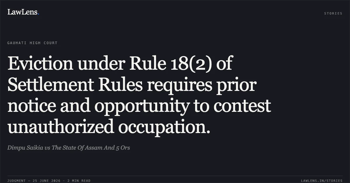 Eviction under Rule 18(2) of Settlement Rules requires prior notice and opportunity to contest unauthorized occupation.. Dimpu Saikia vs The State Of Assam And 5 Ors. Gauhati High Court. LawLens