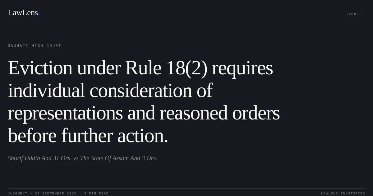 Eviction under Rule 18(2) requires individual consideration of representations and reasoned orders before further action.. Shorif Uddin And 31 Ors. vs The State Of Assam And 3 Ors.. Gauhati High Court. LawLens