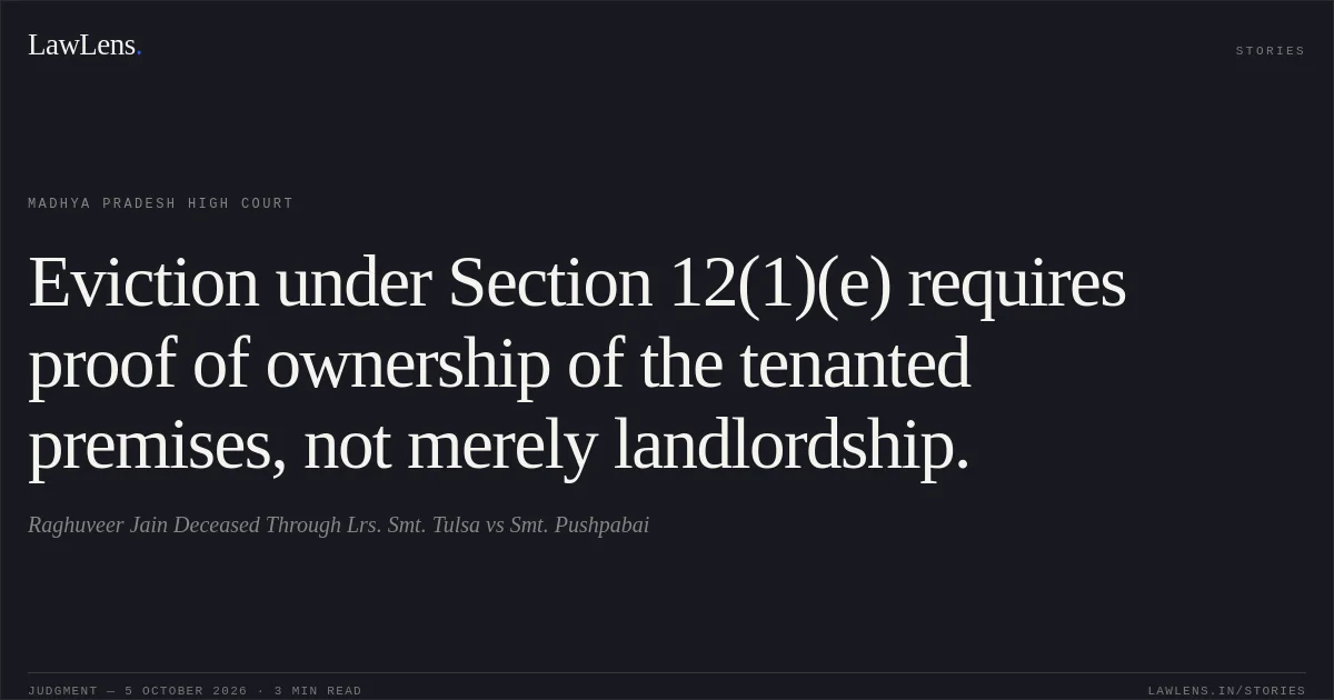 Eviction under Section 12(1)(e) requires proof of ownership of the tenanted premises, not merely landlordship.. Raghuveer Jain Deceased Through Lrs. Smt. Tulsa vs Smt. Pushpabai. Madhya Pradesh High Court. LawLens