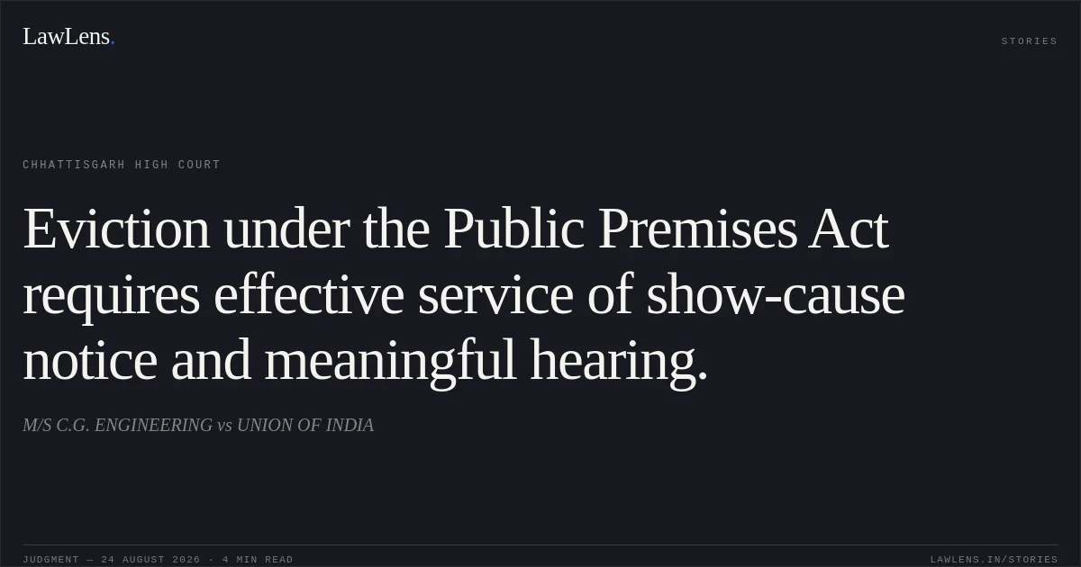 Eviction under the Public Premises Act requires effective service of show-cause notice and meaningful hearing.. M/S C.G. ENGINEERING vs UNION OF INDIA. Chhattisgarh High Court. LawLens