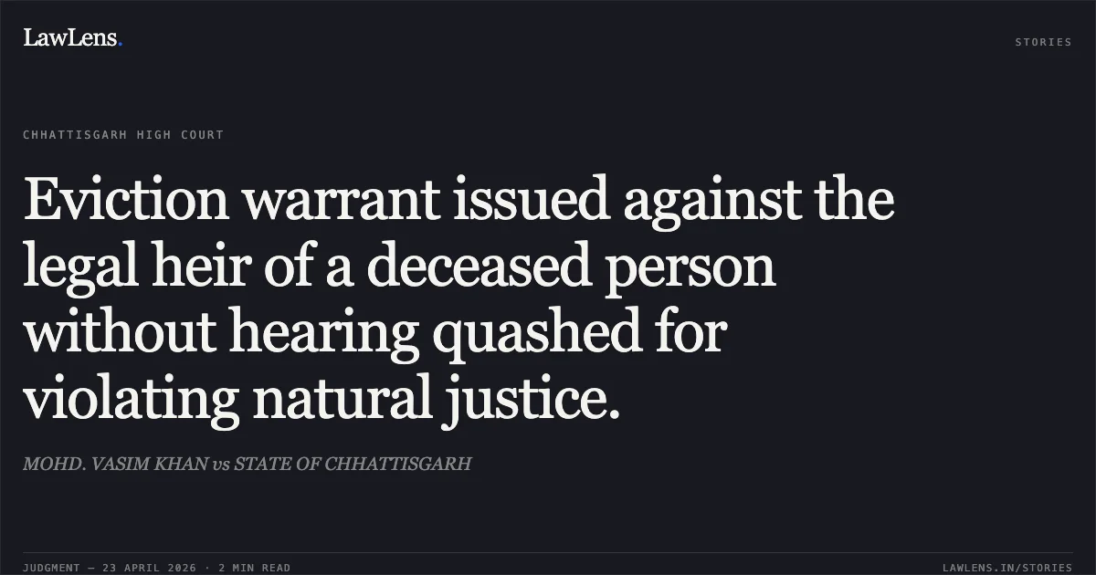 Eviction warrant issued against the legal heir of a deceased person without hearing quashed for violating natural justice.. MOHD. VASIM KHAN vs STATE OF CHHATTISGARH. Chhattisgarh High Court. LawLens