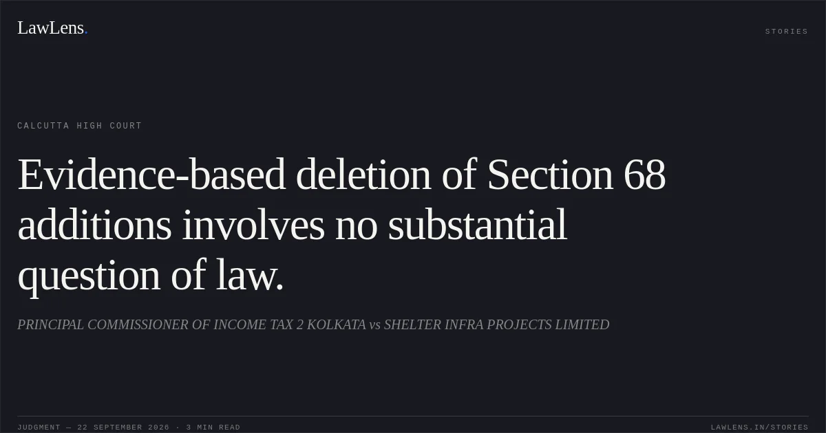 Evidence-based deletion of Section 68 additions involves no substantial question of law.. PRINCIPAL COMMISSIONER OF INCOME TAX 2 KOLKATA vs SHELTER INFRA PROJECTS LIMITED. Calcutta High Court. LawLens
