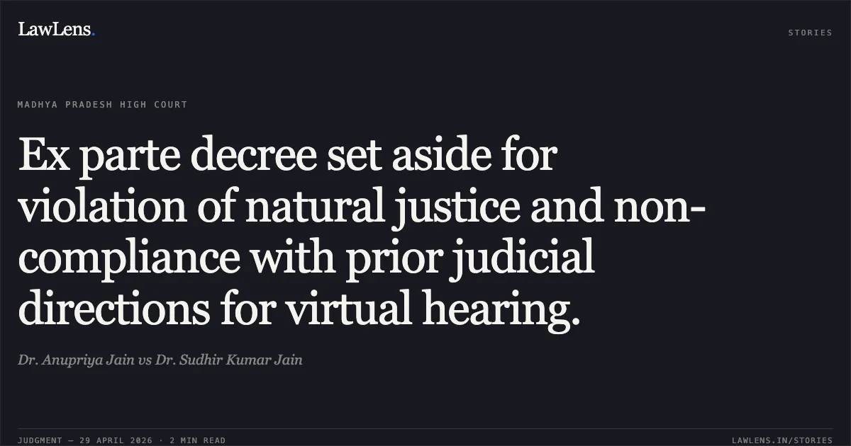 Ex parte decree set aside for violation of natural justice and non-compliance with prior judicial directions for virtual hearing.. Dr. Anupriya Jain vs Dr. Sudhir Kumar Jain. Madhya Pradesh High Court. LawLens