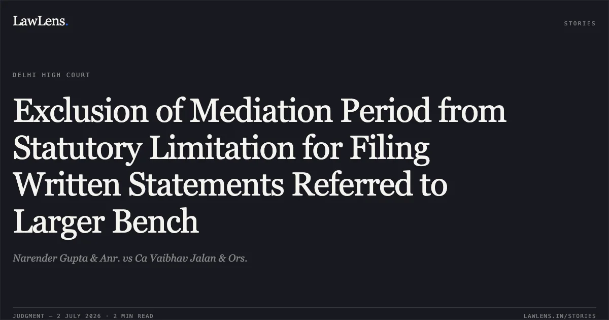 Exclusion of Mediation Period from Statutory Limitation for Filing Written Statements Referred to Larger Bench. Narender Gupta & Anr. vs Ca Vaibhav Jalan & Ors.. Delhi High Court. LawLens