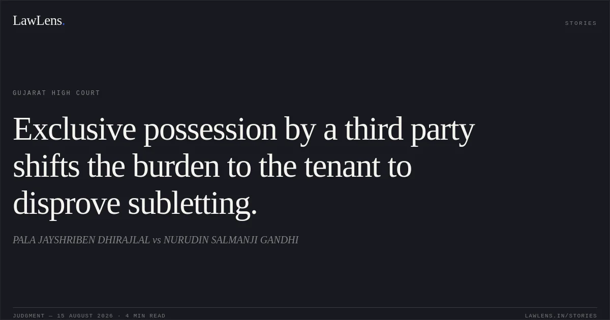 Exclusive possession by a third party shifts the burden to the tenant to disprove subletting.. PALA JAYSHRIBEN DHIRAJLAL vs NURUDIN SALMANJI GANDHI. Gujarat High Court. LawLens