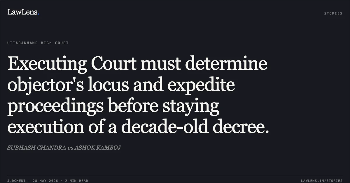 Executing Court must determine objector's locus and expedite proceedings before staying execution of a decade-old decree.. SUBHASH CHANDRA vs ASHOK KAMBOJ. Uttarakhand High Court. LawLens