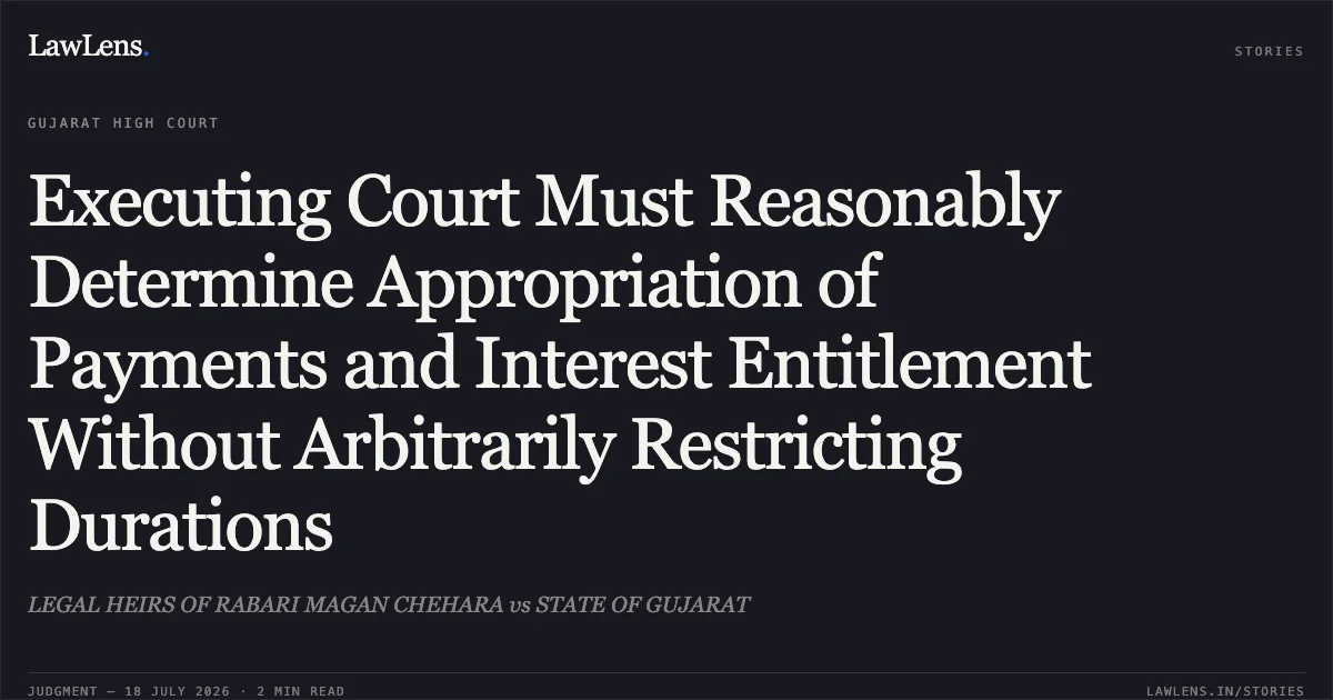 Executing Court Must Reasonably Determine Appropriation of Payments and Interest Entitlement Without Arbitrarily Restricting Durations. LEGAL HEIRS OF RABARI MAGAN CHEHARA vs STATE OF GUJARAT. Gujarat High Court. LawLens