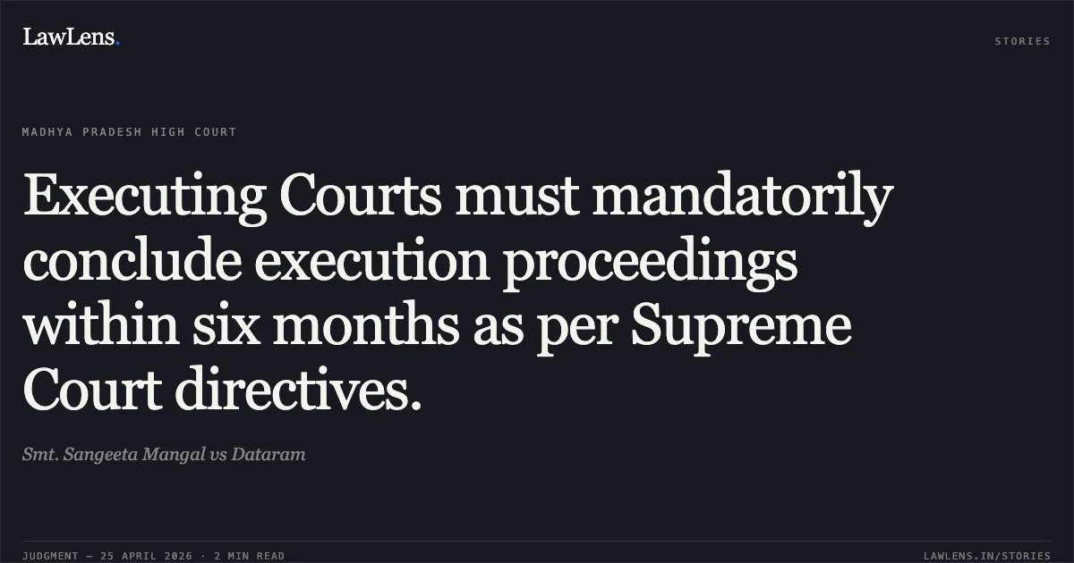 Executing Courts must mandatorily conclude execution proceedings within six months as per Supreme Court directives.. Smt. Sangeeta Mangal vs Dataram. Madhya Pradesh High Court. LawLens