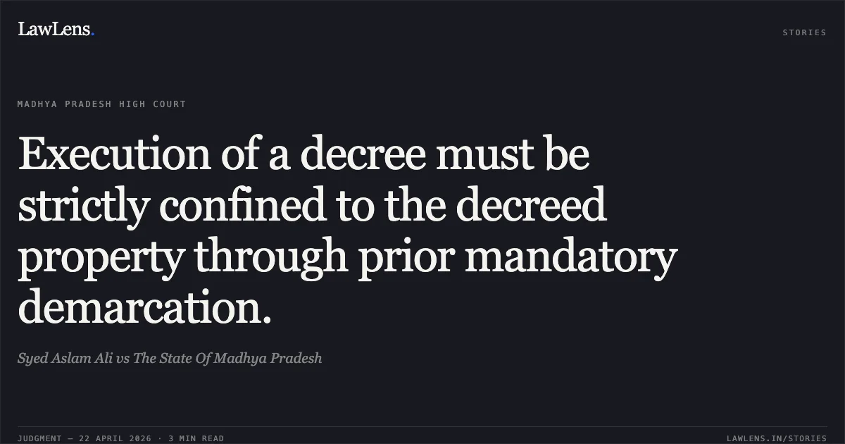 Execution of a decree must be strictly confined to the decreed property through prior mandatory demarcation.. Syed Aslam Ali vs The State Of Madhya Pradesh. Madhya Pradesh High Court. LawLens