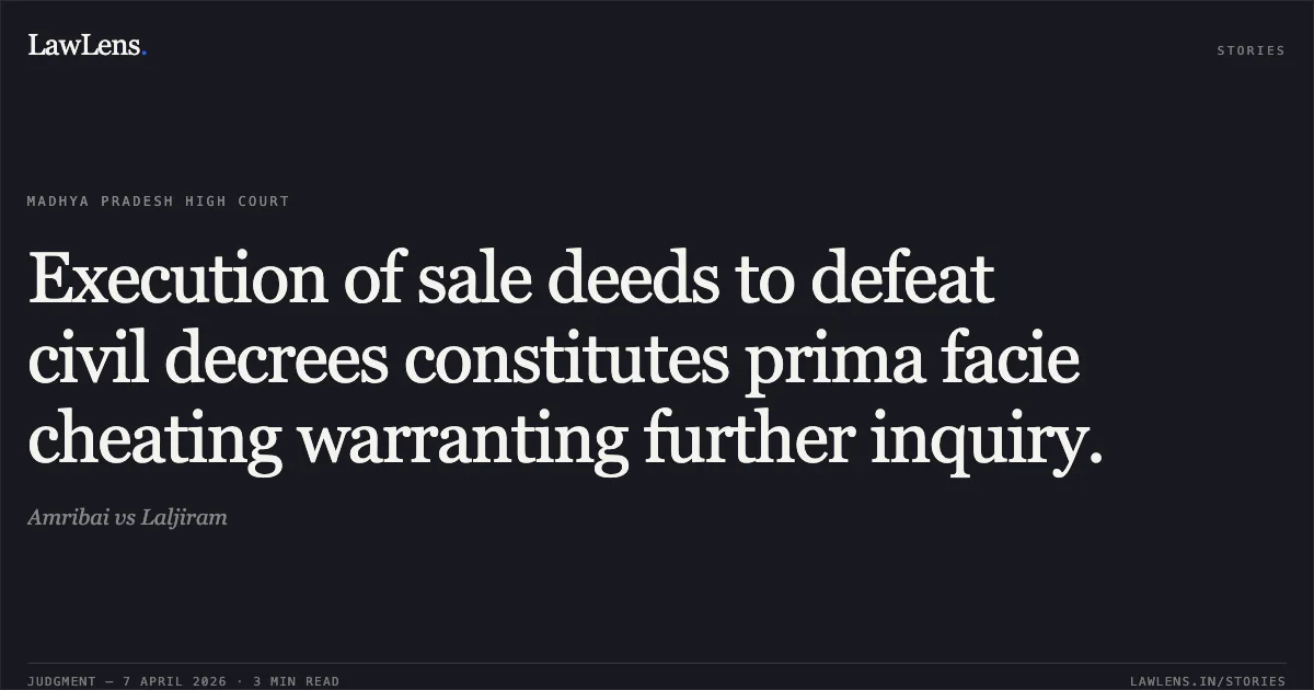 Execution of sale deeds to defeat civil decrees constitutes prima facie cheating warranting further inquiry.. Amribai vs Laljiram. Madhya Pradesh High Court. LawLens