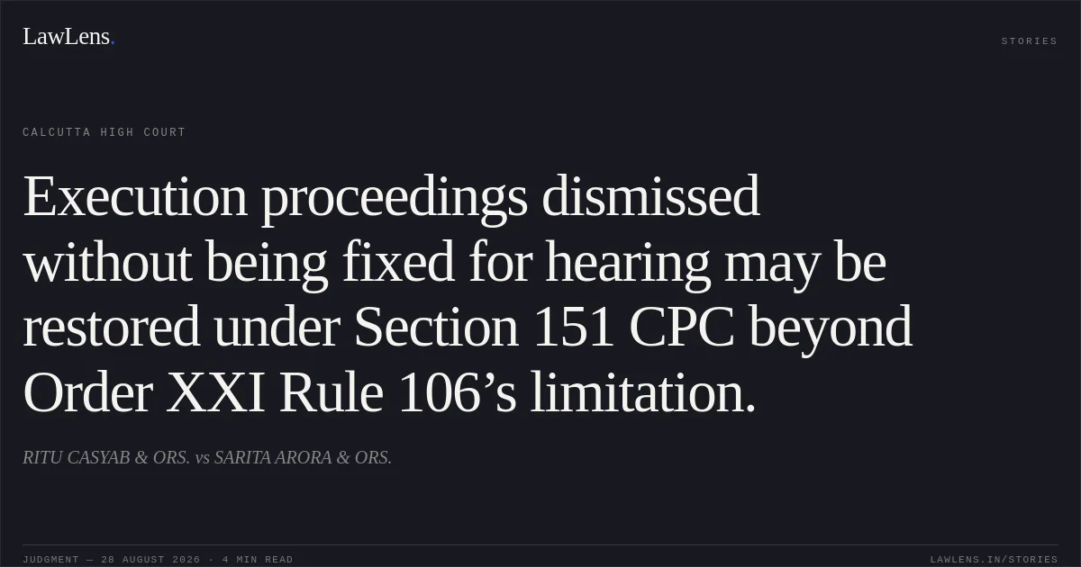 Execution proceedings dismissed without being fixed for hearing may be restored under Section 151 CPC beyond Order XXI Rule 106’s limitation.. RITU CASYAB & ORS. vs SARITA ARORA & ORS.. Calcutta High Court. LawLens