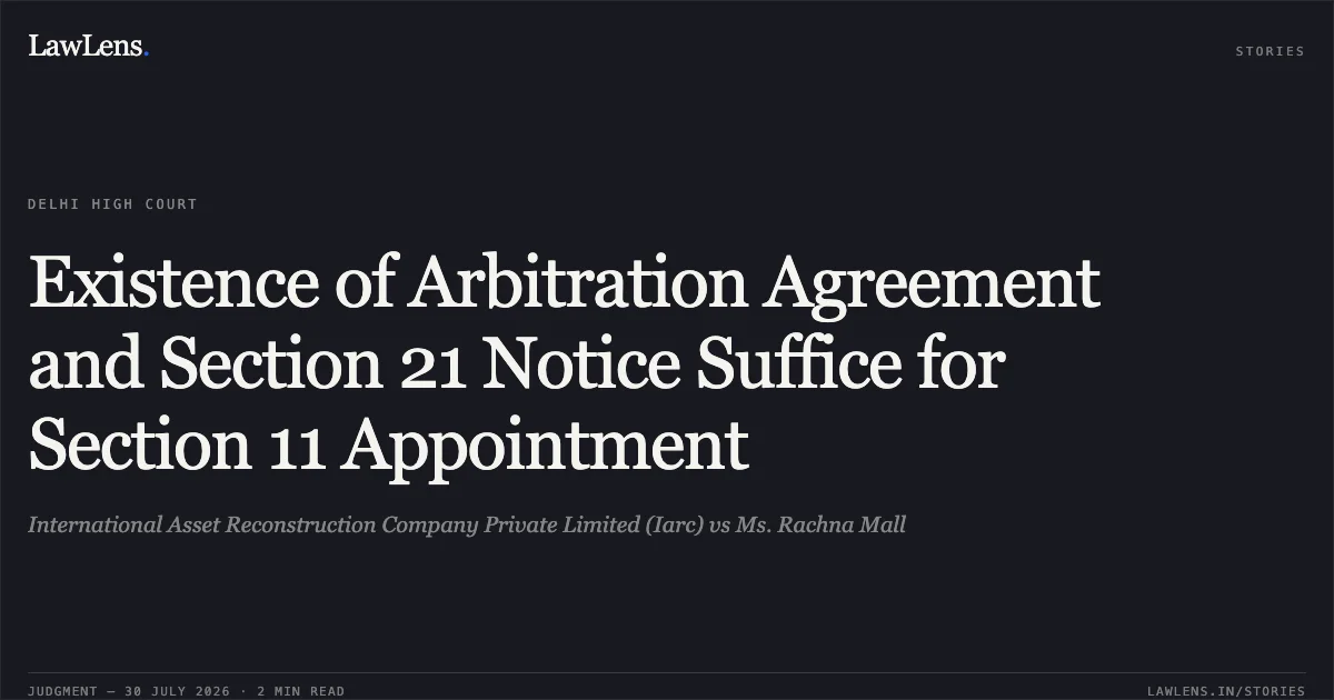 Existence of Arbitration Agreement and Section 21 Notice Suffice for Section 11 Appointment. International Asset Reconstruction Company Private Limited (Iarc) vs Ms. Rachna Mall. Delhi High Court. LawLens