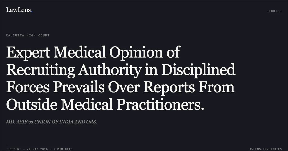 Expert Medical Opinion of Recruiting Authority in Disciplined Forces Prevails Over Reports From Outside Medical Practitioners.. MD. ASIF vs UNION OF INDIA AND ORS.. Calcutta High Court. LawLens