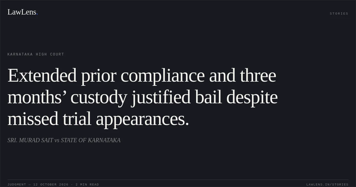 Extended prior compliance and three months’ custody justified bail despite missed trial appearances.. SRI. MURAD SAIT vs STATE OF KARNATAKA. Karnataka High Court. LawLens