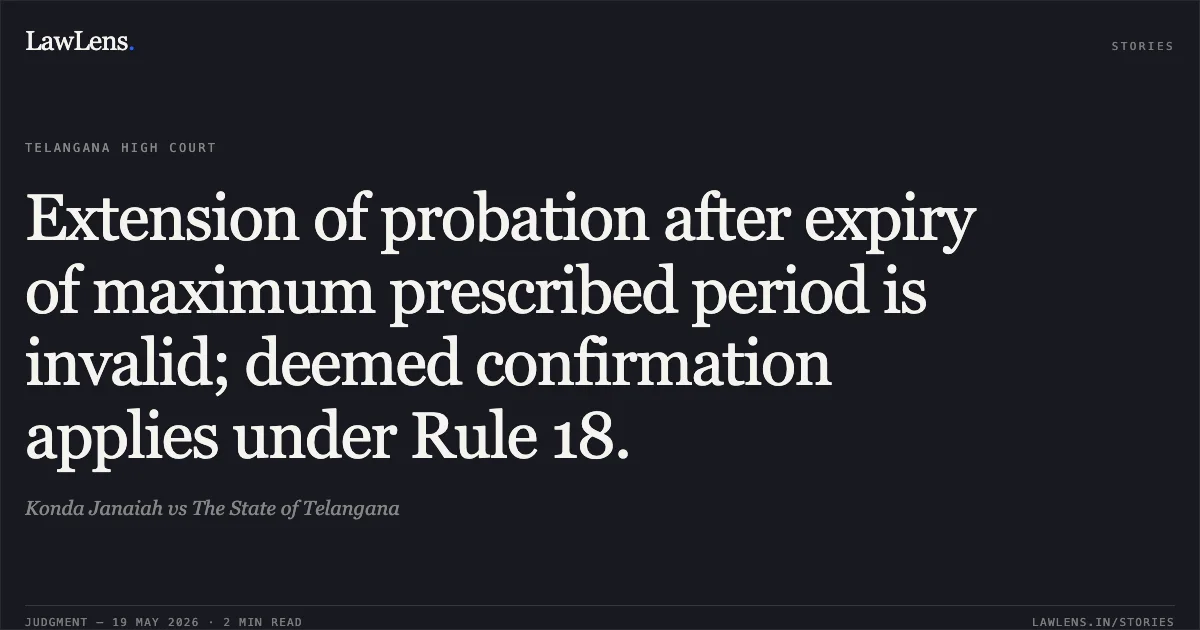 Extension of probation after expiry of maximum prescribed period is invalid; deemed confirmation applies under Rule 18.. Konda Janaiah vs The State of Telangana. High Court for the State of Telangana. LawLens