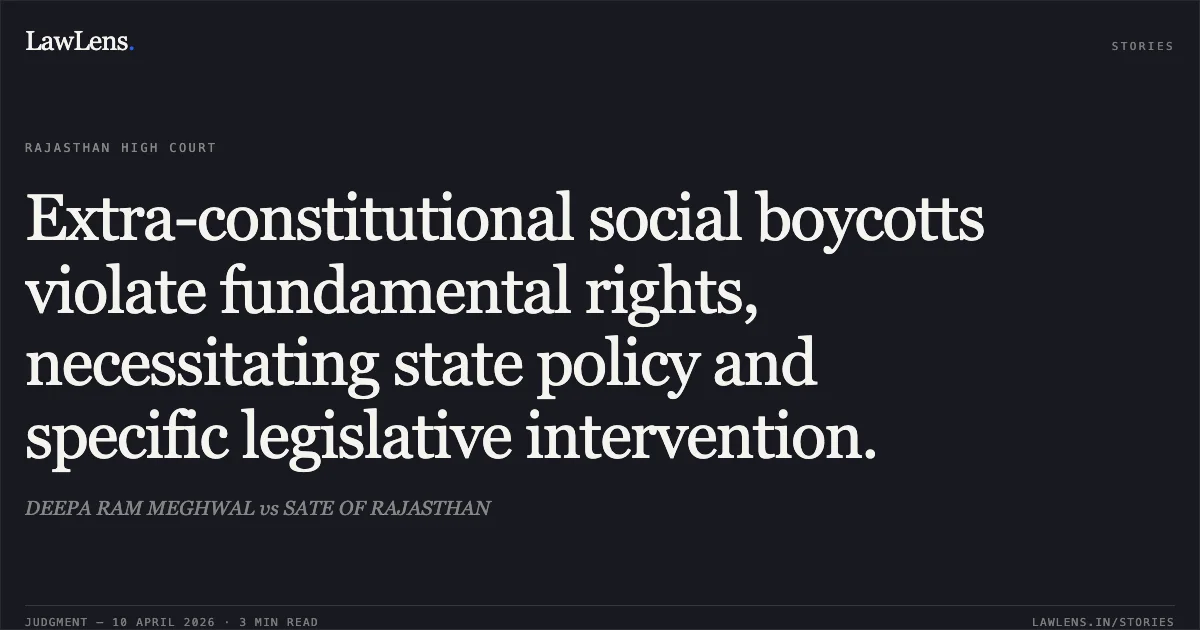 Extra-constitutional social boycotts violate fundamental rights, necessitating state policy and specific legislative intervention.. DEEPA RAM MEGHWAL vs SATE OF RAJASTHAN. Rajasthan High Court. LawLens