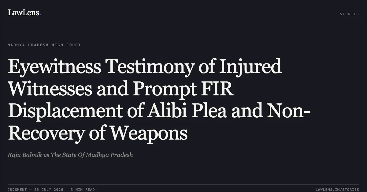 Eyewitness Testimony of Injured Witnesses and Prompt FIR Displacement of Alibi Plea and Non-Recovery of Weapons. Raju Balmik vs The State Of Madhya Pradesh. Madhya Pradesh High Court. LawLens