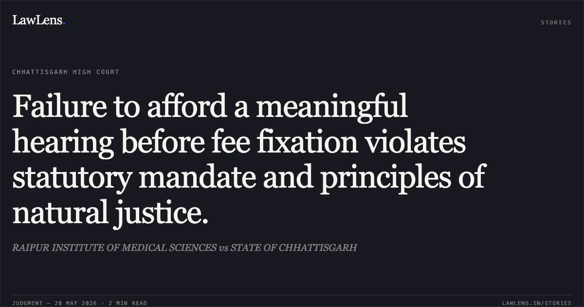 Failure to afford a meaningful hearing before fee fixation violates statutory mandate and principles of natural justice.. RAIPUR INSTITUTE OF MEDICAL SCIENCES vs STATE OF CHHATTISGARH. Chhattisgarh High Court. LawLens