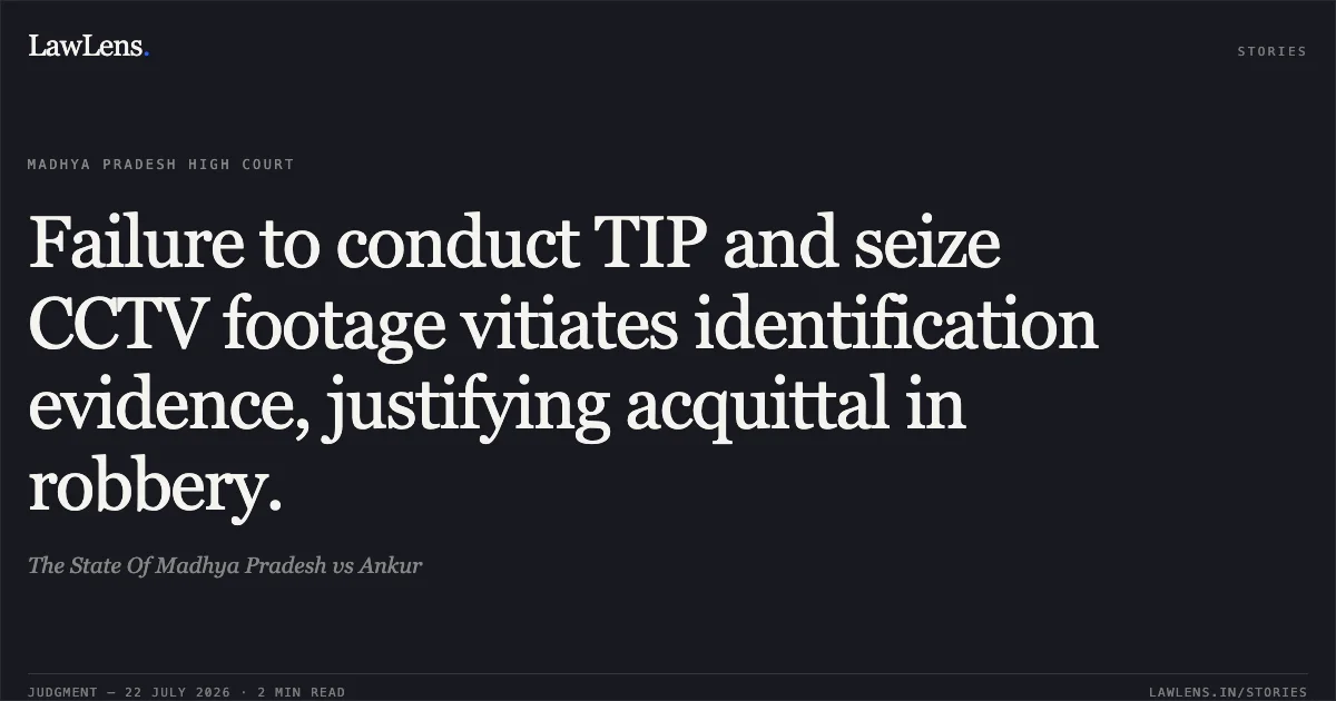 Failure to conduct TIP and seize CCTV footage vitiates identification evidence, justifying acquittal in robbery.. The State Of Madhya Pradesh vs Ankur. Madhya Pradesh High Court. LawLens