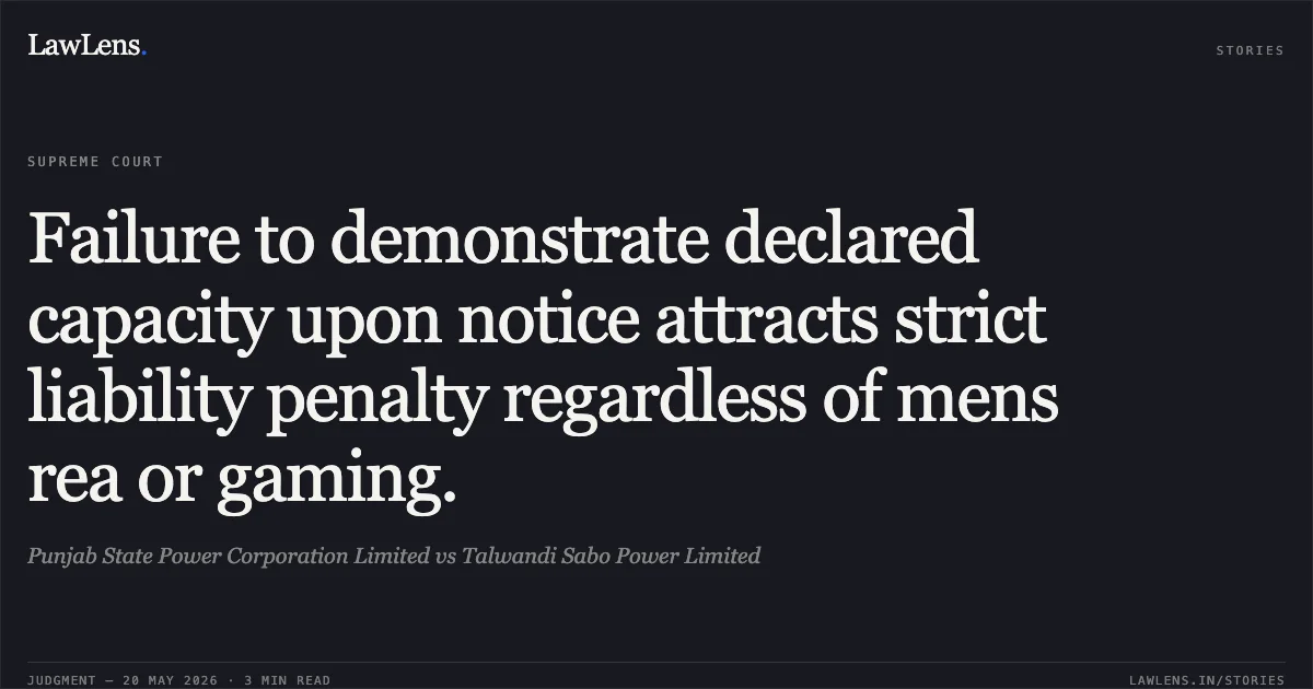 Failure to demonstrate declared capacity upon notice attracts strict liability penalty regardless of mens rea or gaming.. Punjab State Power Corporation Limited vs Talwandi Sabo Power Limited. Supreme Court. LawLens