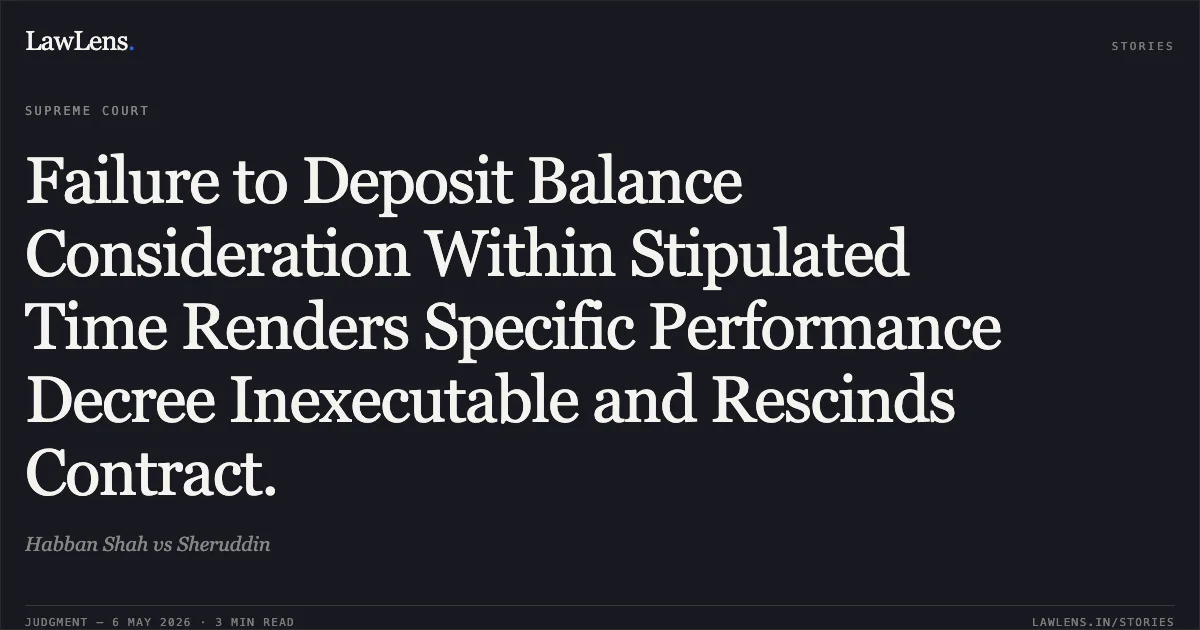 Failure to Deposit Balance Consideration Within Stipulated Time Renders Specific Performance Decree Inexecutable and Rescinds Contract.. Habban Shah vs Sheruddin. Supreme Court. LawLens