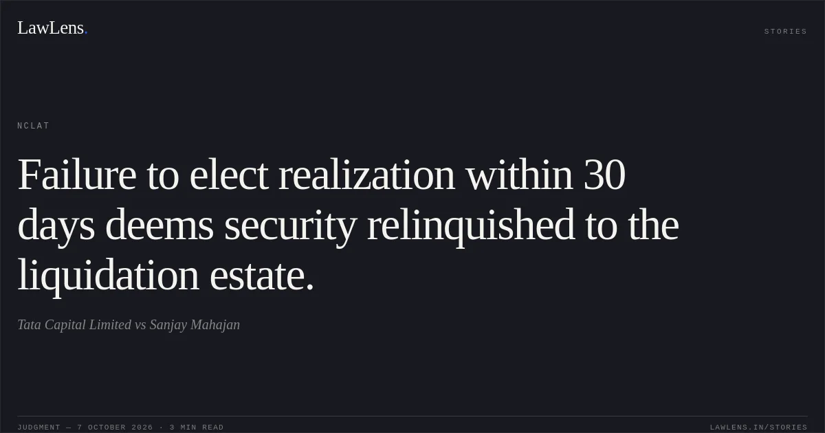 Failure to elect realization within 30 days deems security relinquished to the liquidation estate.. Tata Capital Limited vs Sanjay Mahajan. NCLAT. LawLens