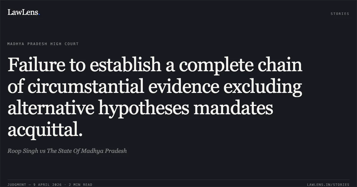 Failure to establish a complete chain of circumstantial evidence excluding alternative hypotheses mandates acquittal.. Roop Singh vs The State Of Madhya Pradesh. Madhya Pradesh High Court. LawLens