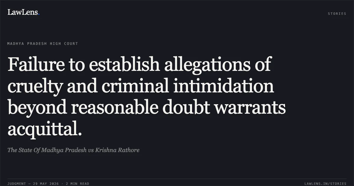 Failure to establish allegations of cruelty and criminal intimidation beyond reasonable doubt warrants acquittal.. The State Of Madhya Pradesh vs Krishna Rathore. Madhya Pradesh High Court. LawLens