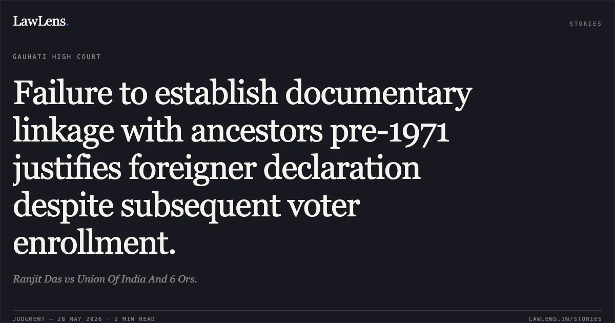 Failure to establish documentary linkage with ancestors pre-1971 justifies foreigner declaration despite subsequent voter enrollment.. Ranjit Das vs Union Of India And 6 Ors.. Gauhati High Court. LawLens