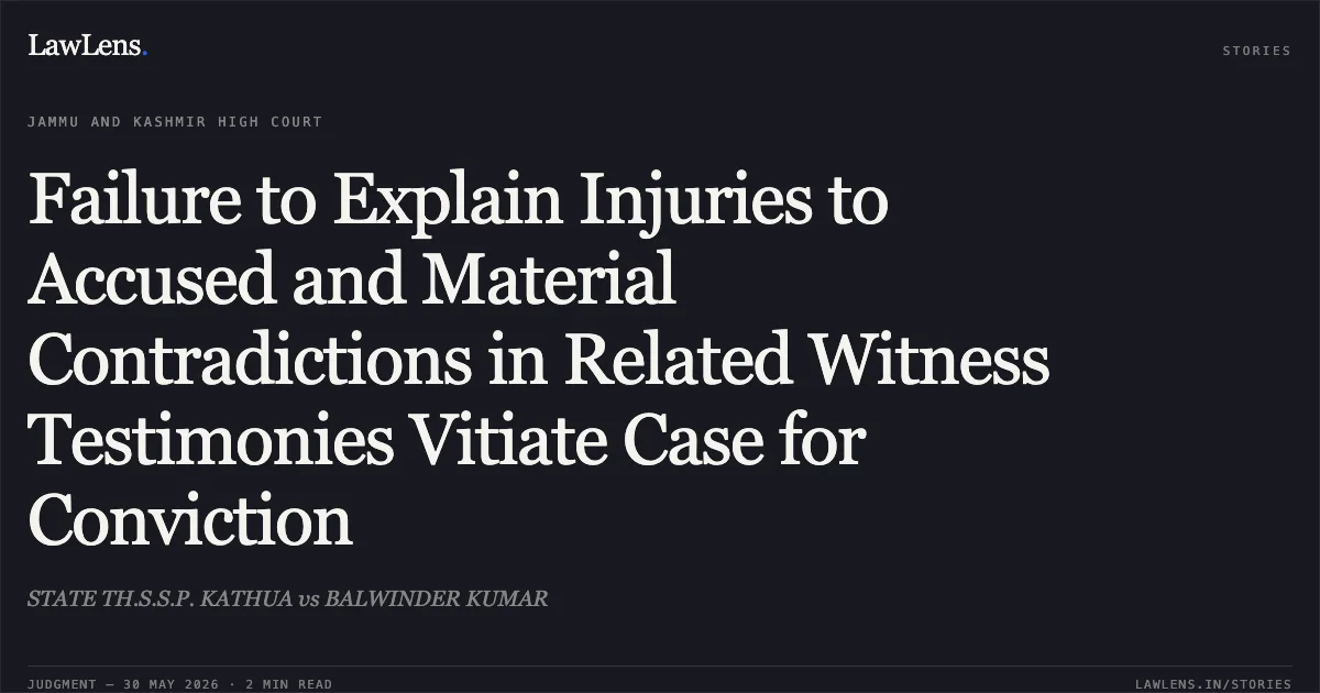 Failure to Explain Injuries to Accused and Material Contradictions in Related Witness Testimonies Vitiate Case for Conviction. STATE TH.S.S.P. KATHUA vs BALWINDER KUMAR. Jammu and Kashmir High Court. LawLens