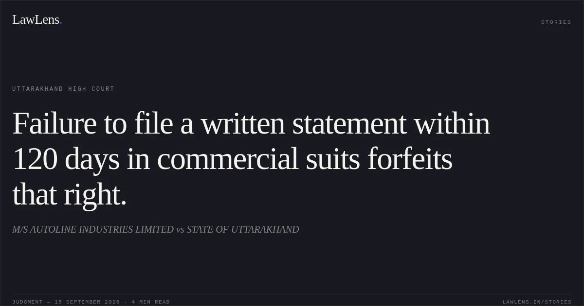 Failure to file a written statement within 120 days in commercial suits forfeits that right.. M/S AUTOLINE INDUSTRIES LIMITED vs STATE OF UTTARAKHAND. Uttarakhand High Court. LawLens