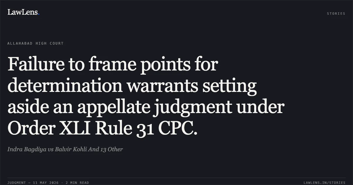 Failure to frame points for determination warrants setting aside an appellate judgment under Order XLI Rule 31 CPC.. Indra Bagdiya vs Balvir Kohli And 13 Other. Allahabad High Court. LawLens
