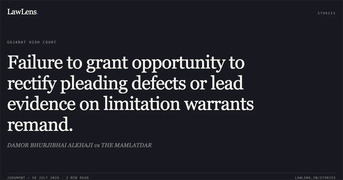 Failure to grant opportunity to rectify pleading defects or lead evidence on limitation warrants remand.. DAMOR BHURJIBHAI ALKHAJI vs THE MAMLATDAR. Gujarat High Court. LawLens