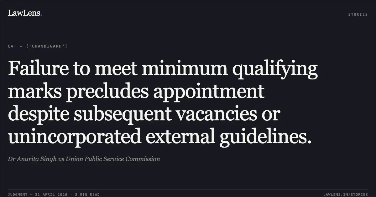 Failure to meet minimum qualifying marks precludes appointment despite subsequent vacancies or unincorporated external guidelines.. Dr Anurita Singh vs Union Public Service Commission. Central Administrative Tribunal. LawLens