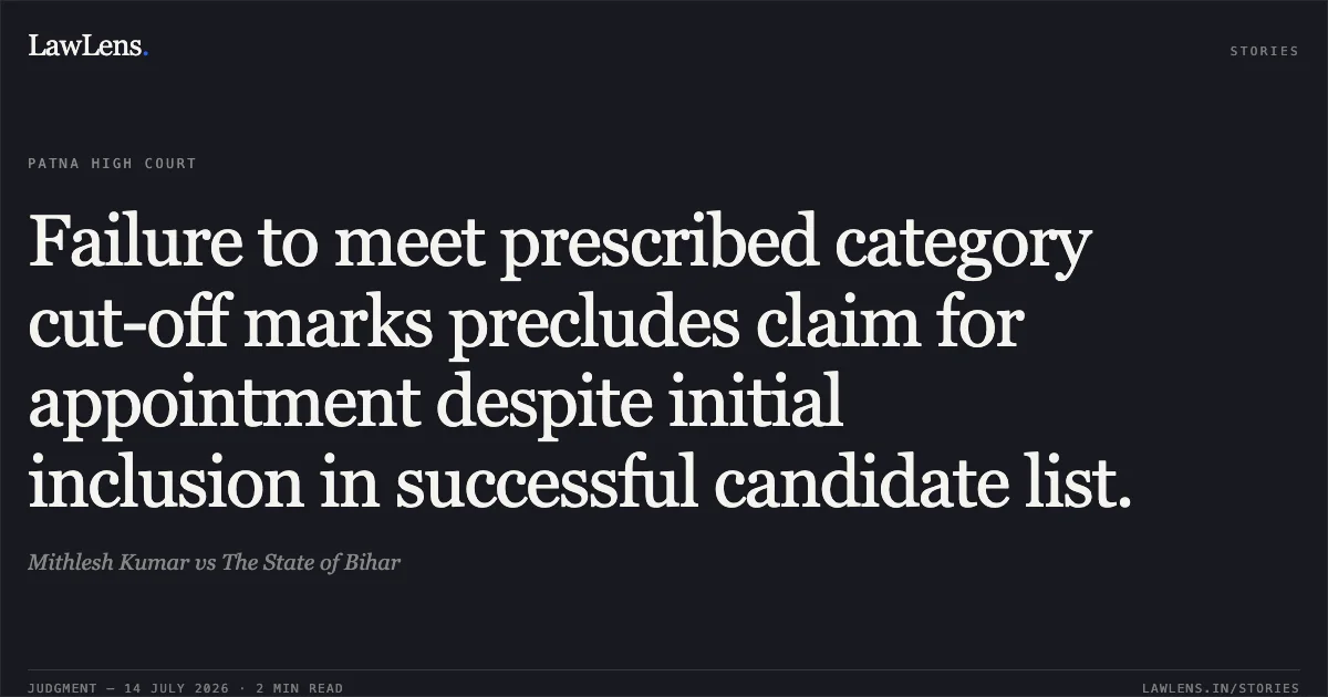 Failure to meet prescribed category cut-off marks precludes claim for appointment despite initial inclusion in successful candidate list.. Mithlesh Kumar vs The State of Bihar. Patna High Court. LawLens