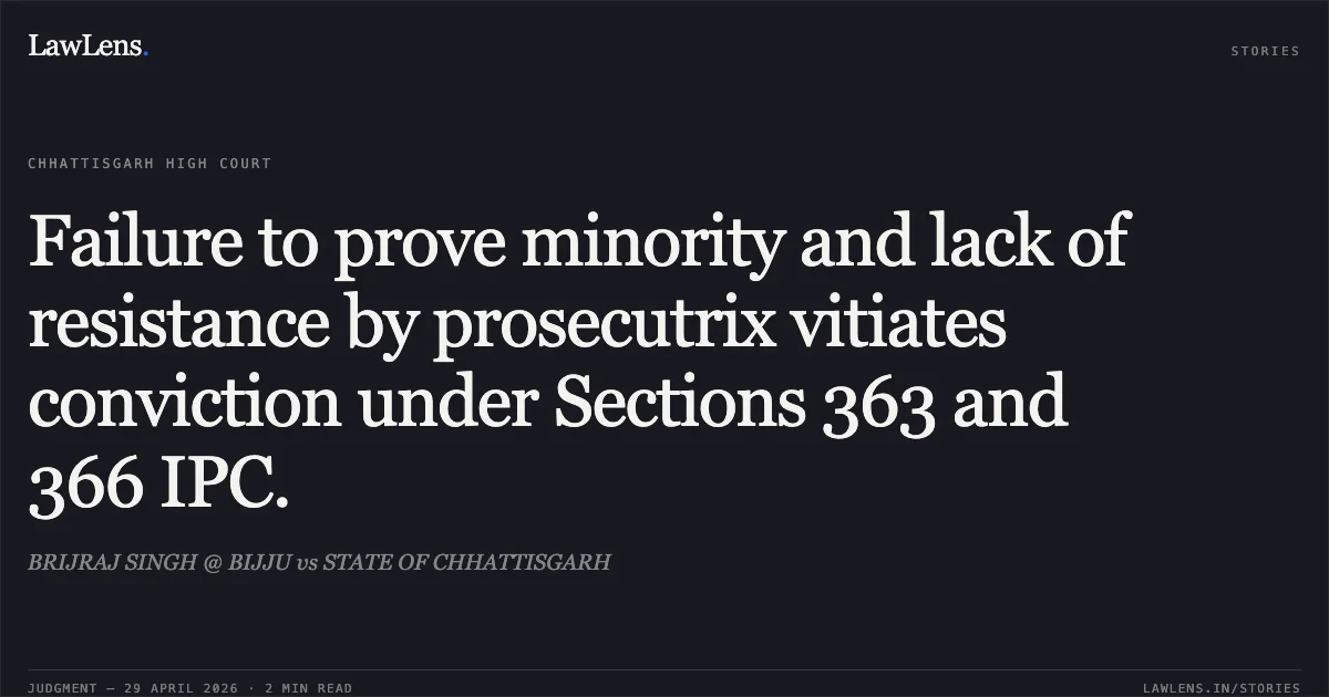 Failure to prove minority and lack of resistance by prosecutrix vitiates conviction under Sections 363 and 366 IPC.. BRIJRAJ SINGH @ BIJJU vs STATE OF CHHATTISGARH. Chhattisgarh High Court. LawLens