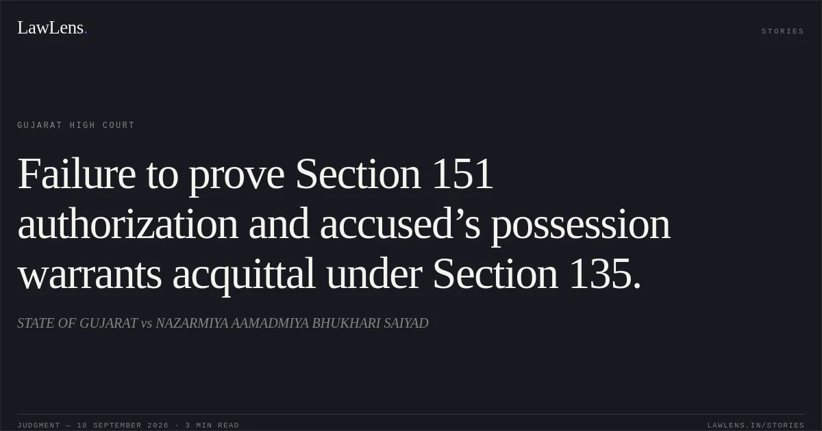 Failure to prove Section 151 authorization and accused’s possession warrants acquittal under Section 135.. STATE OF GUJARAT vs NAZARMIYA AAMADMIYA BHUKHARI SAIYAD. Gujarat High Court. LawLens