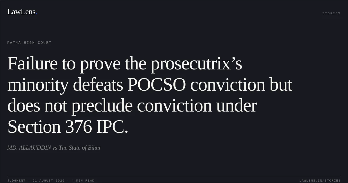 Failure to prove the prosecutrix’s minority defeats POCSO conviction but does not preclude conviction under Section 376 IPC.. MD. ALLAUDDIN vs The State of Bihar. Patna High Court. LawLens