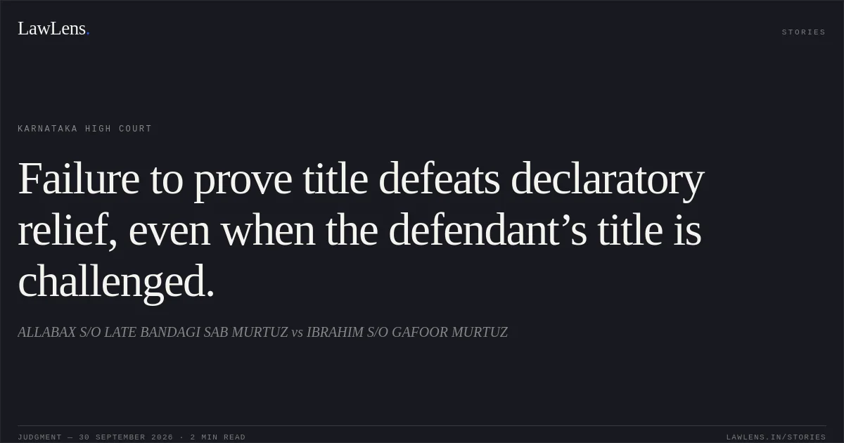 Failure to prove title defeats declaratory relief, even when the defendant’s title is challenged.. ALLABAX S/O LATE BANDAGI SAB MURTUZ vs IBRAHIM S/O GAFOOR MURTUZ. Karnataka High Court. LawLens