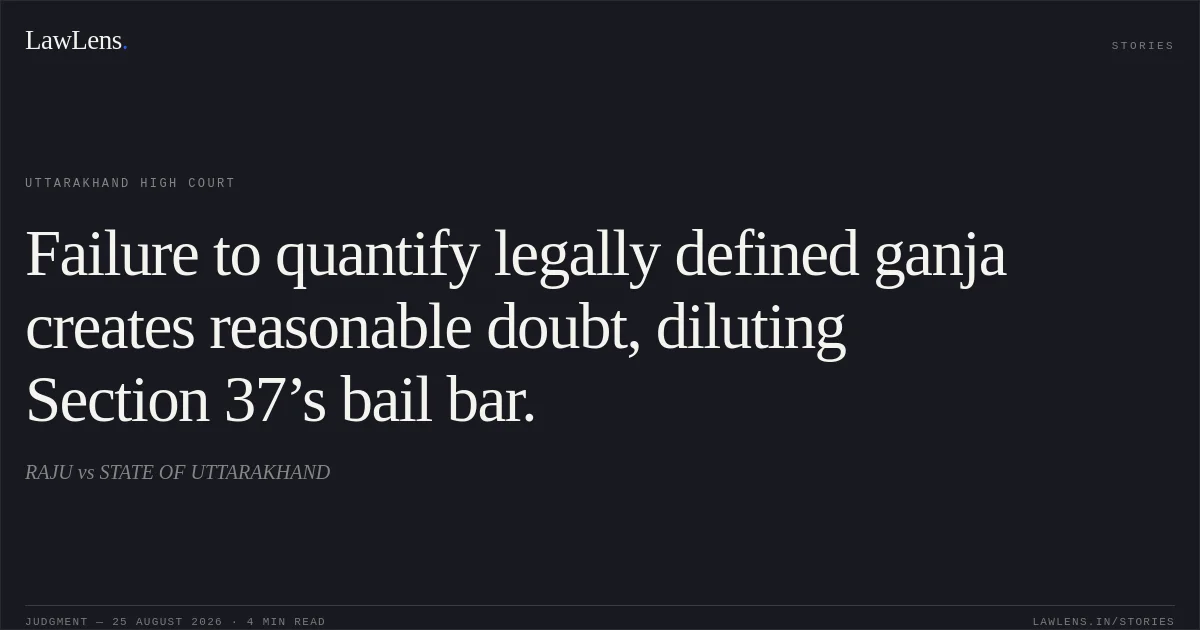Failure to quantify legally defined ganja creates reasonable doubt, diluting Section 37’s bail bar.. RAJU vs STATE OF UTTARAKHAND. Uttarakhand High Court. LawLens