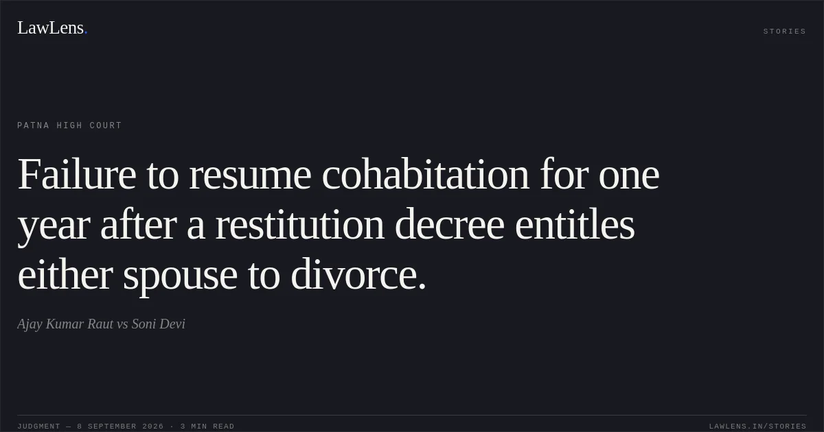 Failure to resume cohabitation for one year after a restitution decree entitles either spouse to divorce.. Ajay Kumar Raut vs Soni Devi. Patna High Court. LawLens