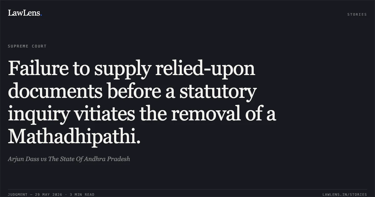 Failure to supply relied-upon documents before a statutory inquiry vitiates the removal of a Mathadhipathi.. Arjun Dass vs The State Of Andhra Pradesh. Supreme Court. LawLens