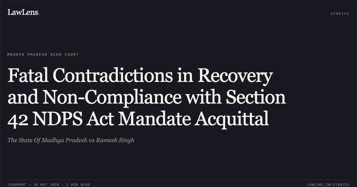 Fatal Contradictions in Recovery and Non-Compliance with Section 42 NDPS Act Mandate Acquittal. The State Of Madhya Pradesh vs Ramesh Singh. Madhya Pradesh High Court. LawLens