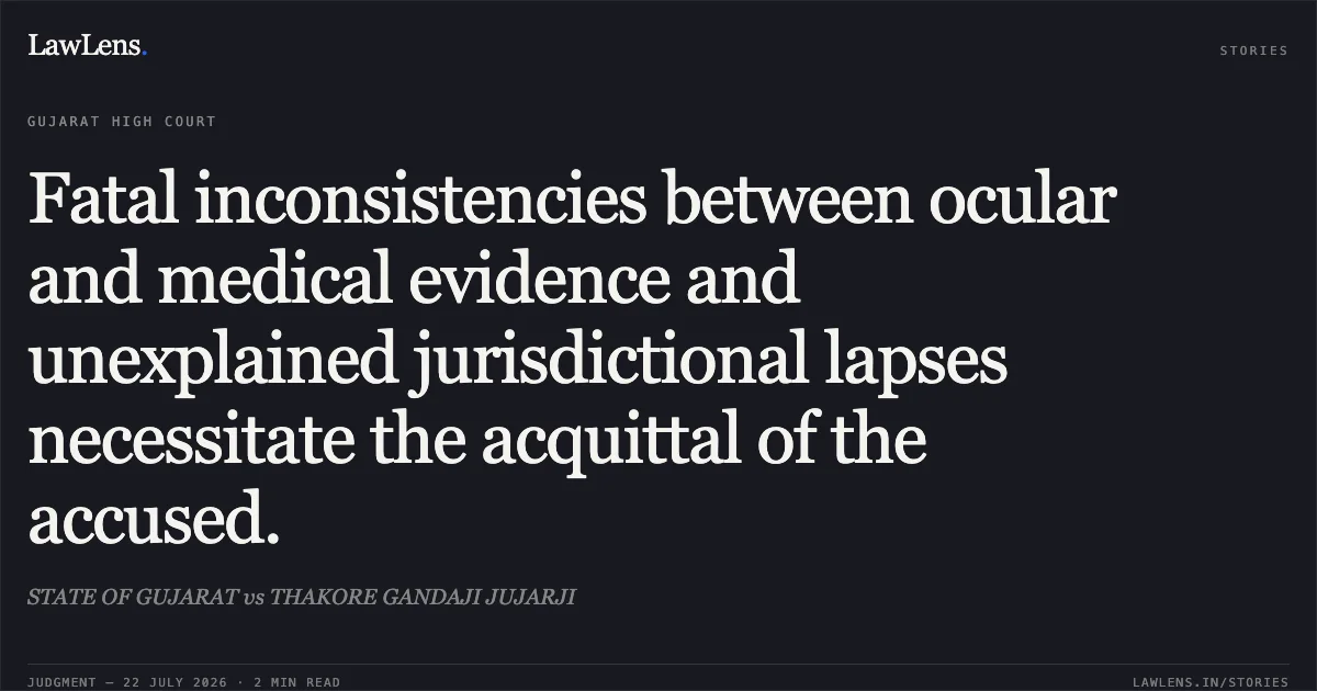 Fatal inconsistencies between ocular and medical evidence and unexplained jurisdictional lapses necessitate the acquittal of the accused.. STATE OF GUJARAT vs THAKORE GANDAJI JUJARJI. Gujarat High Court. LawLens